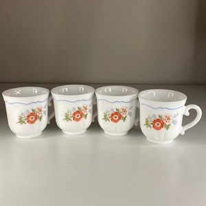 Vintage Arcopal France Four White Floral  Red Blue Blooms Tea/ Coffee Cups